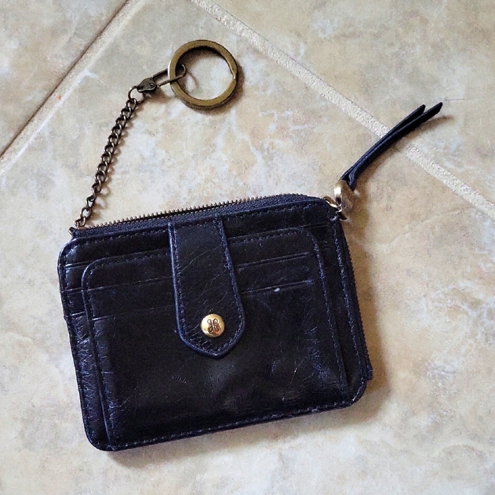  Hobo Katya Coin Pouch Wallet Leather Black Zip Card Case Distressed